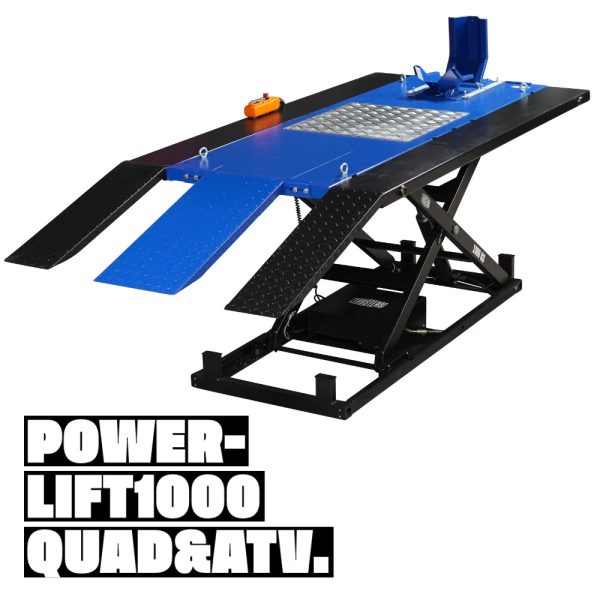 82 100 1 <strong>Table élévatrice Moto et Quad électro-hydraulique Powerlift 1000 Bleu</strong> <strong>Capacité de levage 1 tonne.</strong>