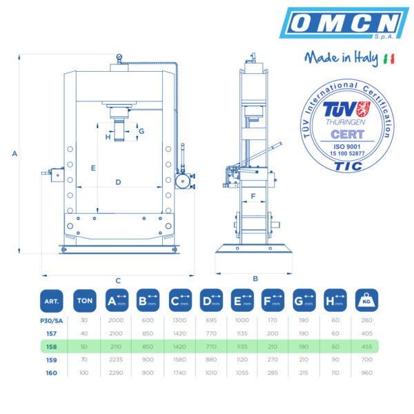 9955 158 2 <strong>Presse hydraulique d'atelier manuelle OMCN 158</strong> <strong>Capacité de 50 tonnes.</strong>