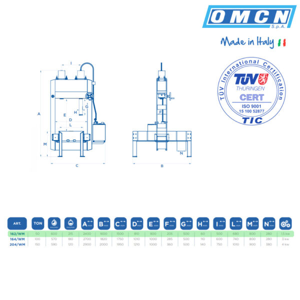 9955 162 WM 4 <strong>Presse électrohydraulique à montant mobile, OMCN 162/WM</strong> <strong>Capacité de 50 tonnes.</strong>