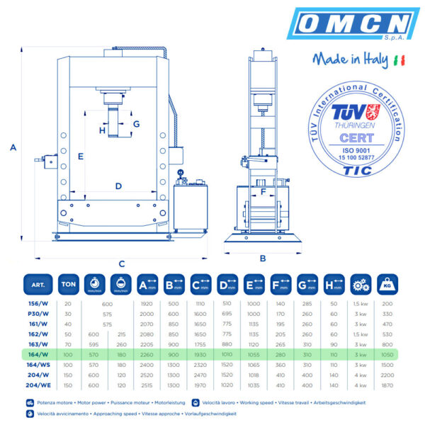 9955 164 W 3 <strong>Presse électrohydraulique d'atelier OMCN 164/W</strong> <strong>Capacité de 100 tonnes.</strong>