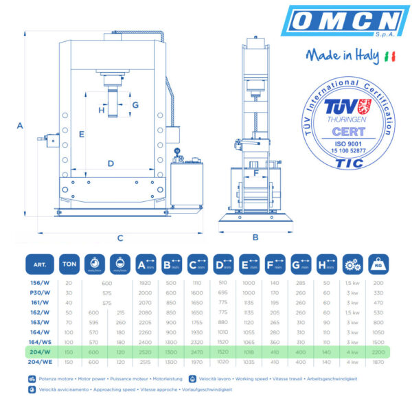 9955 204 W 3 <strong>Presse électrohydraulique d'atelier OMCN 204/W</strong> <strong>Capacité de 150 tonnes.</strong>