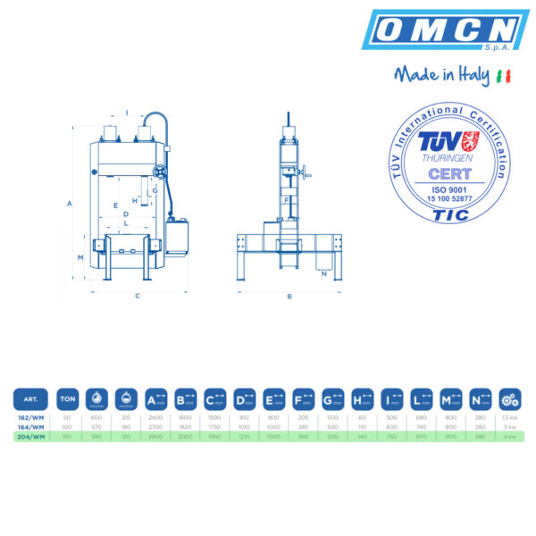 9955 204 WM 5 <strong>Presse électrohydraulique à montant mobile, OMCN 204/WM</strong> <strong>Capacité de 150 tonnes.</strong>