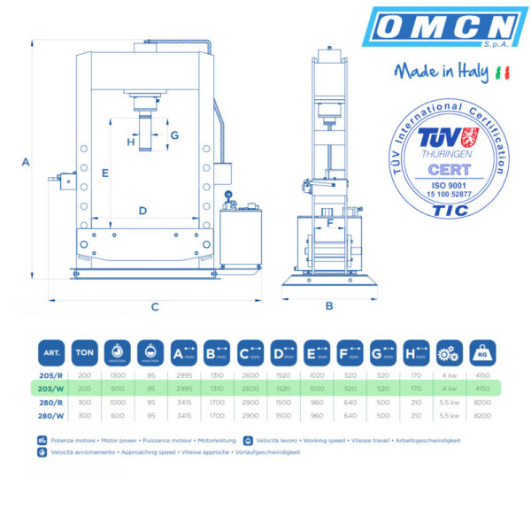 9955 205 W 3 <strong>Presse électrohydraulique d'atelier OMCN 205/W</strong> <strong>Capacité de 200 tonnes.</strong>