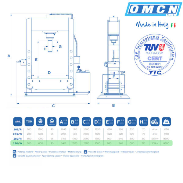 9955 280 W 3 <strong>Presse électrohydraulique d'atelier OMCN 280/W</strong> <strong>Capacité de 300 tonnes.</strong>