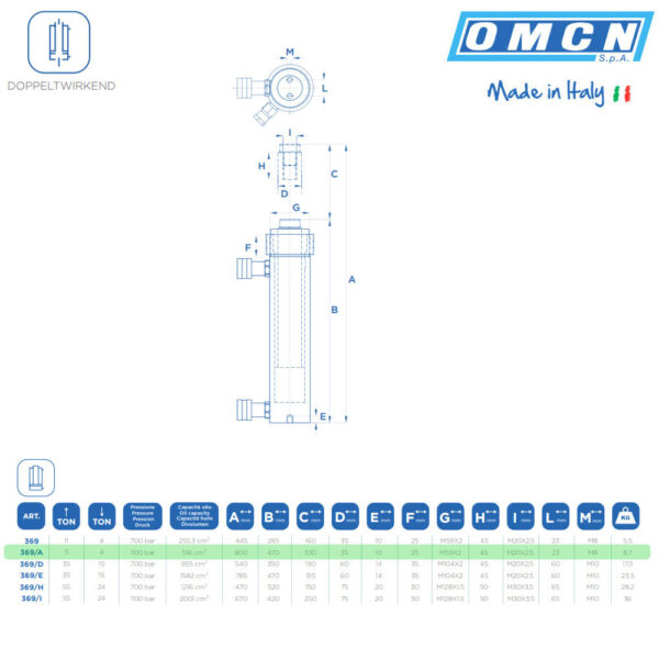 Vérin double effet hydraulique OMCN 369/A | 800mm - 4-11 Tonnes - Image 3