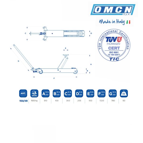 9999 1130XR 5 <strong>Cric rouleur hydraulique OMCN 1130/XR 1,5 Tonne. Support en acier recouvert en caoutchouc.</strong>