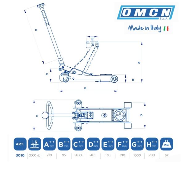 9999 3010 6 <strong>Cric rouleur hydraulique OMCN/3010, avec capacité de levage de 2 tonnes, commande de descente manuelle ou à pied.</strong>