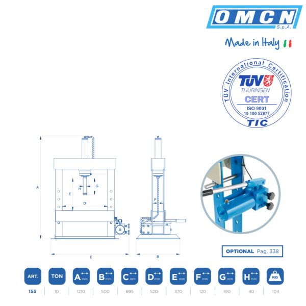 OMCN153 2 <strong>Presse hydraulique avec pompe à pédale d'atelier OMCN 153 </strong> <strong>Capacité de levage 10 tonnes</strong>