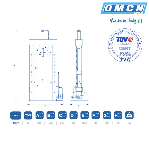 OMCN155 P 2 <strong>Presse hydraulique d'atelier avec pompe à pédale OMCN 155/P </strong> <strong>Capacité de levage 15 tonnes</strong>