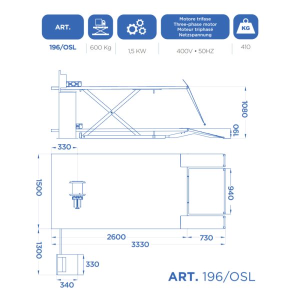 OMCN196 OSL 7 <strong>Table élévatrice avec pompe électrohydraulique pour moto et quad, OMCN 196/OSL 600kg</strong> <strong>Plateforme 150x260cm</strong>