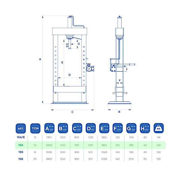 9955 154 2 <strong>Presse hydraulique avec pompe manuelle à deux vitesses OMCN 154 </strong> <strong>Capacité de levage 10 tonnes.</strong>