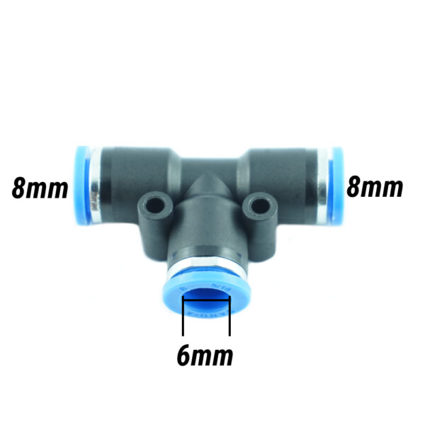 100 143 2 <strong>Raccordement pneumatique, raccord en T Ø 8mm + 8mm + 6mm</strong> <strong>Veuillez vérifier le diamètre de toutes les connexions !</strong>