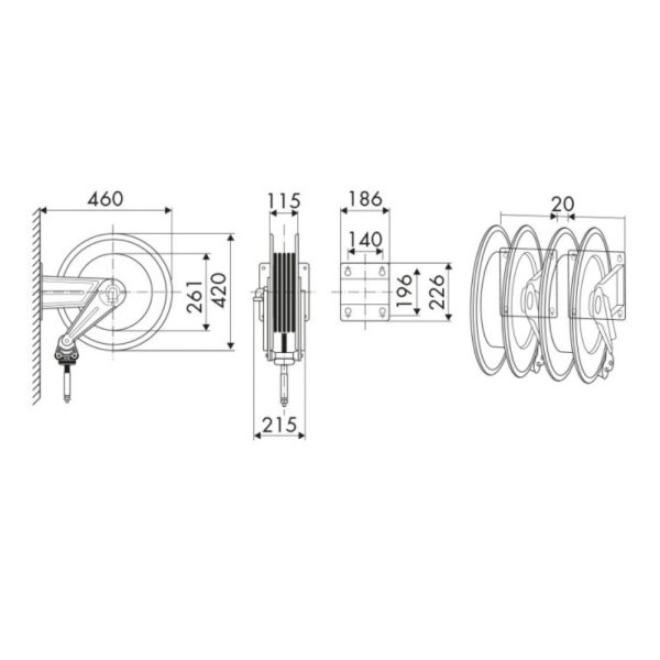 EC 43041ASC1 5 <strong>Enrouleur fixe Ecodora 430/41 pour le transfert d'huile et de produits similaires, conçu pour une pression de 150 bar. Il est équipé d'un tuyau en caoutchouc noir de 10 mètres de longueur avec un diamètre de 1/2 pouce.</strong>