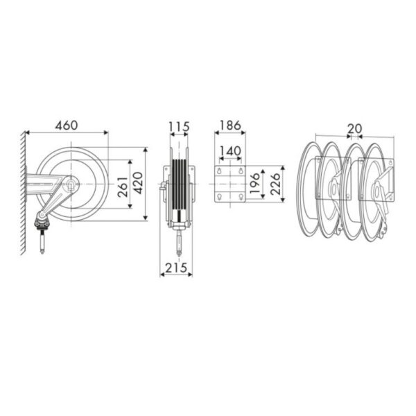 EC 443041C1 5 <strong>Enrouleur de tuyau fixe Ecodora 4430/41/C1 en ABS et étrier en acier peint, pour huile et liquides similaires, 150 bar, avec 10 m de tuyau en caoutchouc noir ø1/2</strong>