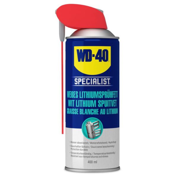 6655 105 0 <strong>WD-40® Specialist Graisse blanche au lithium 400 ml</strong> <strong>Elle lubrifie de manière fiable et durable et offre en outre une protection contre la rouille et la corrosion.</strong>