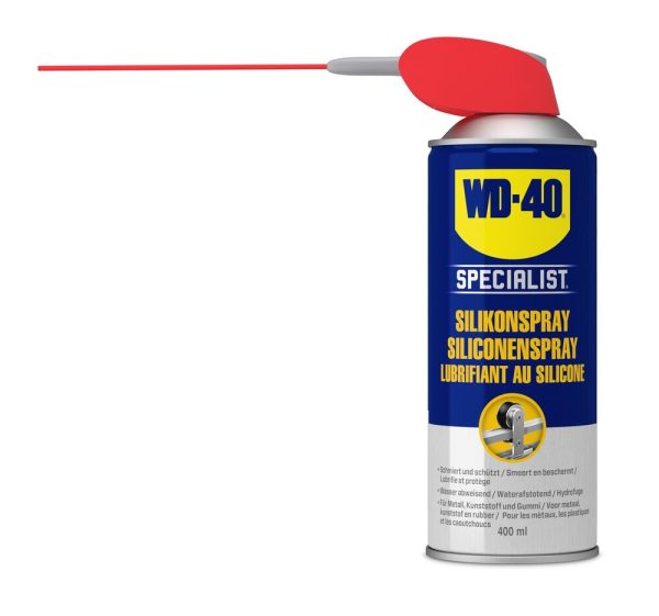 6655 106 1 <strong>WD-40® Specialist Spray de silicone 400 ml</strong> <strong>Lubrifie les pièces en plastique, en caoutchouc et les pièces mobiles et prolonge la durée de vie des éléments, tels que les joints et les rondelles.</strong>