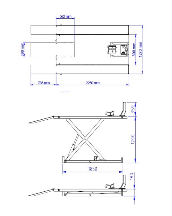 82 101 8 <strong>Table élévatrice</strong><strong> électro-hydrauliquen Moto TRUSTERS Powerlift 1000 BLEU</strong> <strong>Capacité de levage 1 tonne.</strong>