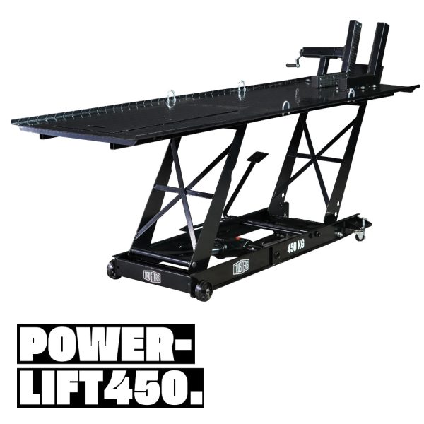 82 450 0 <strong>Table élévatrice mobile pour motos TRUSTERS POWERLIFT 450, même les machines lourdes deviennent légères.</strong> <ul> <li><strong>Capacité de charge de 450 kg</strong></li> <li><strong>Mobile et flexible</strong></li> <li><strong>Indépendant des sources d'énergie externes</strong></li> </ul>