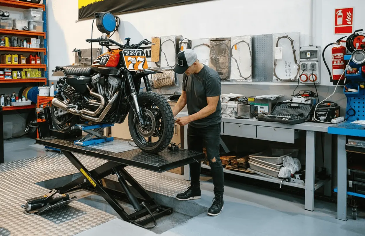 Pont élévateur moto hydraulique avec plateforme et bloque-roue en atelier